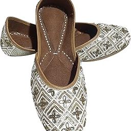 Sitara Off White Geometric Embroidered Punjabi Jutti for Women | Golden Thread, Pearls & Mirror Accents | Model B3-image-2