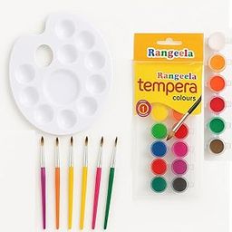 FIRST CLICK Art Combo Set, 18 Rangeela Tempera Colours, 6 Rounded Multicolor Brushes, Oval Shaped Paint Palette, Kids Art Kit, (Non-Toxic, Age 3+)-image-1