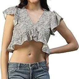 Women Printed V-Neck Short Sleeve Crop Top with Ruffle Detail in Slub Fabric-image-3