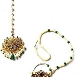 Combo Jewellery Traditional Rajasthani golden green Nathiya/Nose Ring with Pearls Chain and Maang Tikka in Kundan for Women and Girls-picture-45