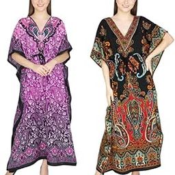 Combo (Pack of 2) Long Kaftan V Neck Kimono Nightgown Loose Bohemian Cardigan Maxi Summer Swimsuit Cover up Beach Dress for Women-10