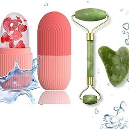 SANWALSA (Set of 3) Jade Roller & Gua Sha Stone with Ice Roller for Face Reusable Facial Tool kit for Fine Lines, Glowing Skin, Reducing Stress & Eye Puffiness-0