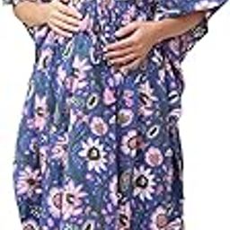 Women's Floral Print Blue Cotton Maternity Kaftan Full Length/Maxi Nighty/Free Size/Feeding/Nursing/Zipper/Tie-Up Belt-image-25
