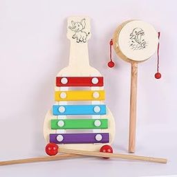 Channapatna Toys Wooden Xylophone & Damru Combo Rattle Toys for Kids ( 1 Year+) - 5 nodes - Multicolor - Discover Music | Xylophone Musical Toy for Babies/Kids-9