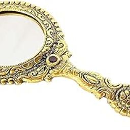 Quable Hand Mirror with Beautiful Carvings, Gold-Plated Metal for Makeup, Travel, Salon Use & Decorative Antique Display, Framed Round 2-image-63