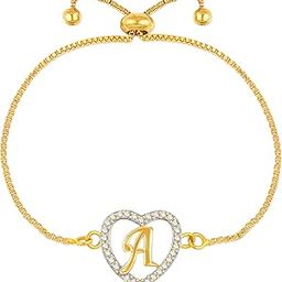 Bracelet for women girls ladies Love couple American diamond CZ AD Brass Crystal Gold Plated Love Heart Shape Alphabet Letter Name Initial A Locket Pendant Chain Adjustable Valentine gifts M01-15