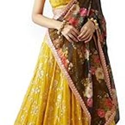 Womens Georgette Lehenga Choli Semi-Stitched Yellow Wedding Bridal Free Size-image-56