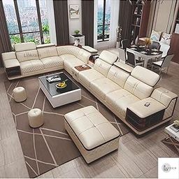 LUKRAIN Furniture L Shape Bluetooth Speaker 7 Seater Luxury Leather Sofa Set Without Centre Table with 2 Sitting Stool & Footrest for Your Living Room, Hotel, Dining Room, Hall (Color - Beige)-image-44