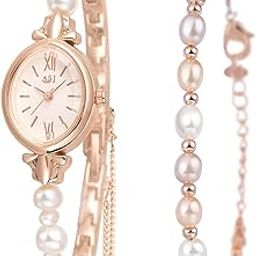 Petite Pearl Watch and Bracelet Set for Women Dainty Analog Quartz Watch for Women, Rose gold, Elegant-image-51