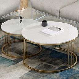 WOODWALLZ Elegant Coffee Tables, Round Nesting Side Table, Living Room Lounge Set, Gold Metal Frame Set of 2 (Gold & White)-image-61