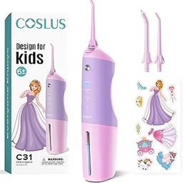 COSLUS Kids Water Dental Flosser Deep Cleaning Picks, Portable, 4 Modes for Ages 6+ Safe Waterproof Flosser Rechargeable with 4 Jet Tips for Gums Care F5023 Pink Purple-image-67