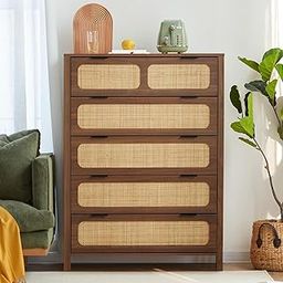 Solid Sheesham Wooden Rattan Tall Dresser | Chest of Drawer with 5 Drawers | Storage Cabinet for Living Room, Bedroom, Hotel & Home, Brown Finish, (39.9796D x 79.9846W x 109.982H CM)-2