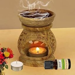 Pure Source India Handcrafted Soapstone Oil Diffuser with Floral Carving (Free 2 Tea Light Candles & 10 ml Lemon Grass Aroma Oil)-image-57