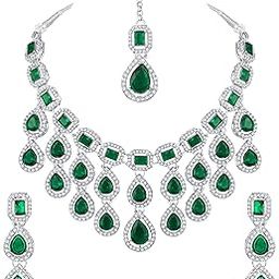 Silver Plated Emerald Green Kundan Polki and Crystals Traditional Necklace with Earrings and Maang Tikka-image-61