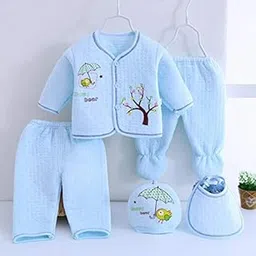 fancy walas New Born Baby Winter Wear 5Pcs Cotton Solid Fleece Flannel Suit | Unisex Infant Gift Set, 0-6 Months, Sky Blue-picture-15