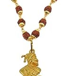 Shivaji Maharaj Locket With Gold Plated Cap Panchmukhi Rudraksha Mala Gold And Brown Brass And Wood Pendant Necklace Chain For Men And Women-image-5