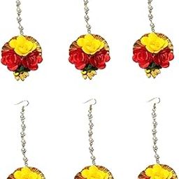 Women's and Girls Flower Maang Tikka for Wedding | Baby Shower | Haldi | Mehandi | Red & Yellow Pack of 6-image-51