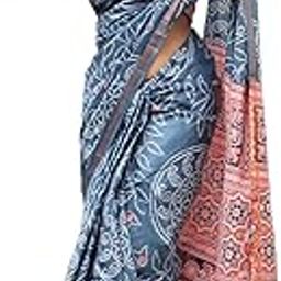 Handicrafts Women's Hand Block Bandhani Print Pure Soft Cotton Mulmul Saree Grey Multi Colour Zari Border with Blouse Piece (rangat grey)-17