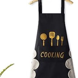 wolpin Kitchen Apron with Front Pocket and side Coral Velvet for Wiping Hands Towel PVC Waterproof Unique Design Cooking Fits Men/Women Home Restaurant, Black-picture-28