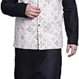sojanya (Since 1958 Men's Cotton Blend Black Kurta & Yellow Printed Nehrujacket with White Pyjama-picture-11