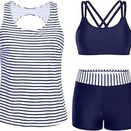 3 Piece Athletic Tankini Swimsuit for Women Sport Swimwear with Boyshort Tank Top with Bra and Shorts Blue and White Stripe M-image-43
