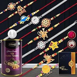 DeoDap Multicolor Bracelet/ Rakhi (K10_MC1_BS) & Effete Chocolate Combo with Silver Color Pooja Coin, Roli Chawal & Greeting Card | Occasion | Rakhi for brother with gift | Rakhi with chocolate |rakhi combo for brother | Set of 10 Rakhi | Rakhi Chocolate Gift combo|-image-97