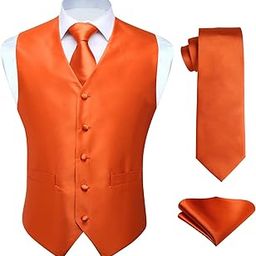 3pc Men's Solid Color Woven Dress Waistcoat & Necktie and Pocket Square Vest Suit Tuxedo Set Orange-image-63
