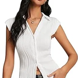gufrina Women’s Sleeveless Textured Button Down Shirt with Collared Neck and Cropped Slim Fit Casual Top-picture-3