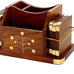 StonKraft Wooden Stationery Desk Organiser, Coasters Set, Pen Stand, Business Card Holder With Brass Work (Office Table Accessories), Gold-image-49