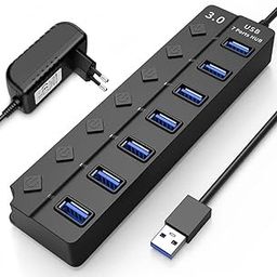ZIPRON Powered USB Hub 3.0 – 7-Port USB Data Splitter with Smart Charging Port, Individual On/Off Switches & 5V/1A Power Adapter – USB Extension for Laptop, PC, Computer, Mobile HDD-19