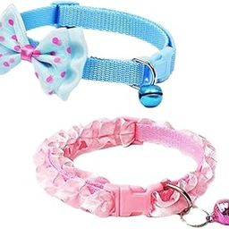 YellowCult 2 Piece Pet Collars for Cats, Puppies, Small Dogs, Fat Rabbits with Adjustable Size, Bell & Buckle Safety Lock-[Bow & Frill]-[Light Blue & Pink]-image-5