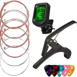 Imaginea Guitar Tuner Capo String Set with Picks | Guitar Accessories Combo for Acoustic Electric Guitar | Clip-On Tuner, Steel Strings, Capo, 5 Picks-image-6