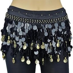 VRITRAZ Women's Chiffon Belly Dance Hip Scarf Waistband Belt Skirt Mixed Colors Beads And Golded Coins 56 Black-image-41