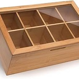 Randomgrounds Bamboo Tea Box Storage Organizer, Taller Size Holds 120+ Standing or Flat Tea Bags, 8 Adjustable Tea Chest Compartments, Natural Wooden Finish-image-56