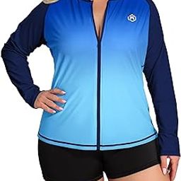 Womens Long Sleeve Zip Front Rash Guard Sun Protection, Colour gradient blue, 2X-image-50