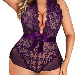 Plus Size Lingerie for Women Deep V Neck Teddy Lingerie Halter Lace Bodysuit Nightgown Babydoll Lingerie Female Wedding Nightgown for Honeymoon and Anniversary-image-25