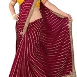 Women Printed Leheriya Georgette Saree With Blouse Piece, Green Satan Patta Hand Dye Gota Patti Work Saree-picture-1