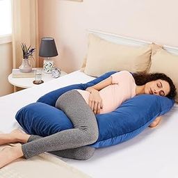 Amazon Basics Full Body Pregnancy Pillow for Maternity,Baby Nursing,Full Body Support-Abdomen,Hip,Spine,Neck&Leg Support Cushion| Perfect Baby Shower Gift |J-Shaped-Washable Cover with Zip - Navy Blue-31