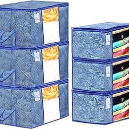 Kuber Industries Laheriya Printed Non Woven 3 Pieces Saree Cover and 3 Pieces Underbed Storage Bag, Cloth Organizer for Storage, Blanket Cover Combo Set (Blue) -CTKTC038684-51