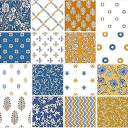 Soimoi 16 Pc Fat Quarter Bundle, Asian Block Print 18"x 22" DIY Patchwork- 100% Cotton Pre-Cut Quilting Fabric Brown White Blue-image-37