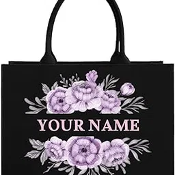 rerden Personalized Canvas Tote Bag, Black with Purple Floral Design, Double Handle, Custom Name Feature, Watercolor Flowers-picture-29