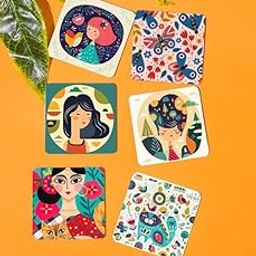 TAJNAN Girls Painting Art Printed Coaster Set of 6 Beautiful Wooden Coasters Plastic Coating Designer Coaster Stand Set Fit for Tea Cups,Coffee Mugs & Glasses (Square&Designer 4x4 Inch)-image-46