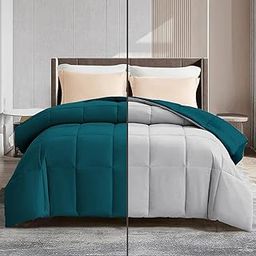 PURE ECO 220 GSM All Season Comforter King Size Bed Quilt/Blanket/Duvet Hotel Quality Soft Microfiber Lightweight (90" X106" Inches) - King Size Bed Comforter - Teal/Silver Grey Color-image-64