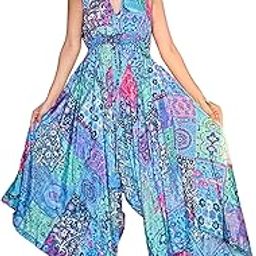 Women's Halter Neck Backless Harem Jumpsuit – Boho Patchwork Print – Viscose Silk-picture-32
