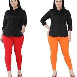 Premium Cotton Body Hugging Ankle Length Legging for Women, Soft and Comfortable Fabric with Elastic Closure, Free Size - Pack of 2pc (Fit Upto 25 to 32 Waist)- Red, Orange-image-58