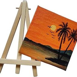 BHAGATH ART STUDIO Mini Canvas with Wooden Easel, Sunset Beach Painting, 10.6 x 10.6 cm-image-4
