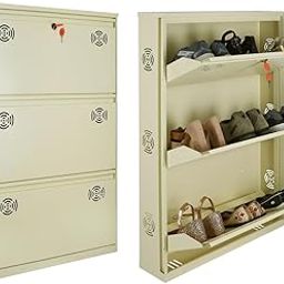 SHANDAR SF 3 Door Metal Shoe Rack for Home with Lock | Wall Mounted Metal Shoe Rack | Can Hold Upto 12 Shoes Pair (41" X 28" X 6" Inch, Ivory), 104 X 71 X 15 CM-14