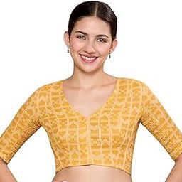 Women's Yellow Cotton Handloom Stretchable (Smocked) Readymade Saree Blouse-image-50