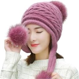 New Variety Store™ Rabbit Fur Korean Style Pompom Thick Pullover Cap for Women, Ladies, Girl's Free Size Pink Color-image-42