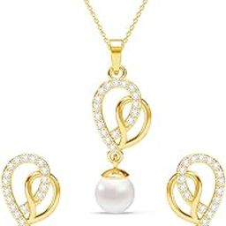 925 Sterling Silver Zahab Pearl Interlocked Pendant Earrings Chain Necklace Jewellery Set | Gold Plated, Swiss Zirconia |Gift for Women and Girls-13